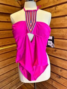 Marilyn Monroe NWT Hot Pink Halter One-Piece Swimsuit Beaded Neckline